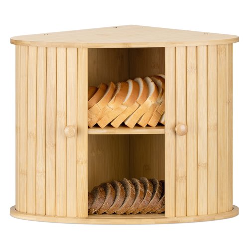Navaris Wooden Bread Box - Countertop Kitchen Corner Bread Bun Farmhouse Loaf Bagel Wood Container with Sliding Doors - Corner Wood Breadbox