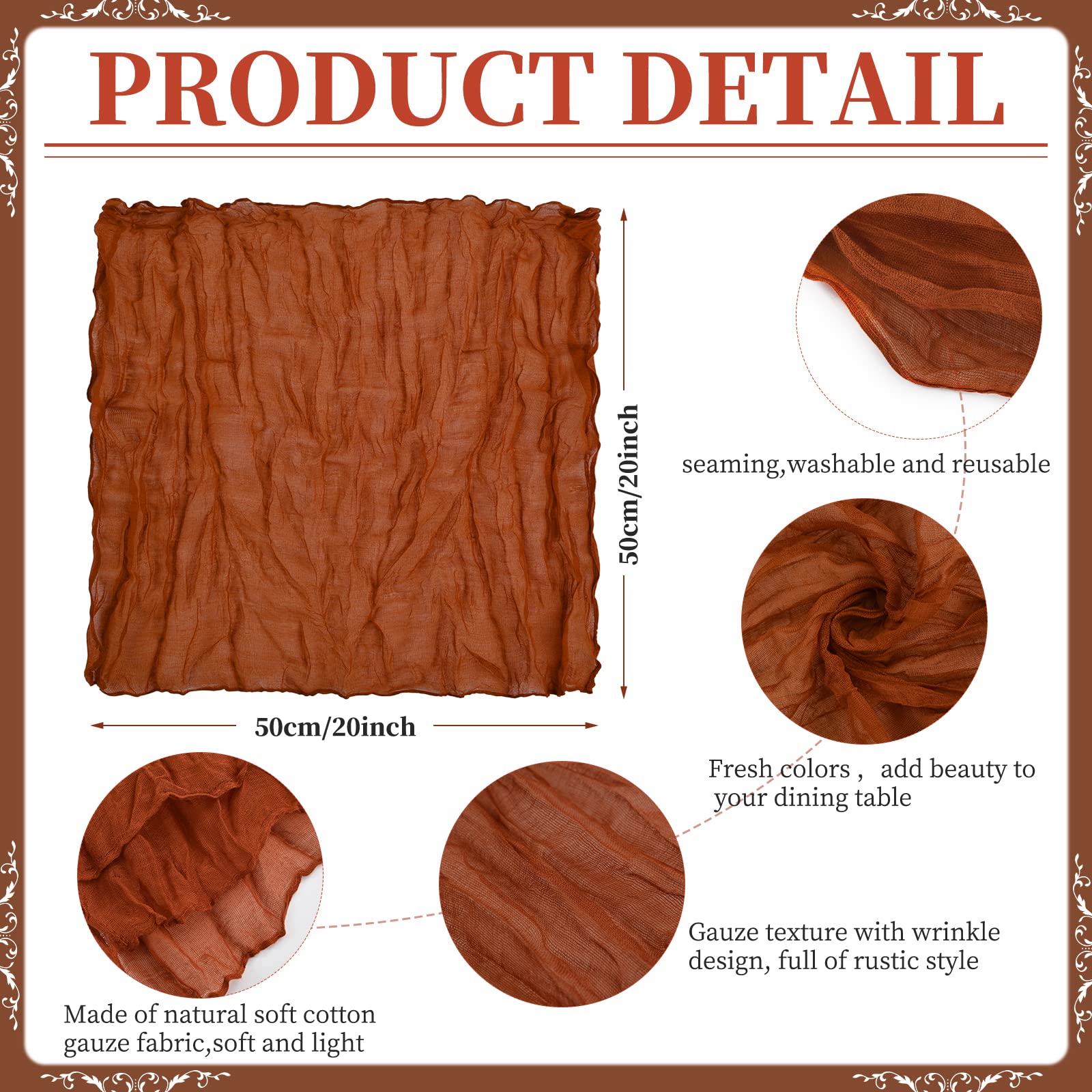 Terracotta Gauze Cheesecloth Napkins Set of 42,Wrinkled Rustic Boho Dinner Napkins Bulk 20 x 20 Inch Soft Cotton Decorative Table Napkins for Wedding/Dinner/Family Everyday Use/Parties(Terracotta)