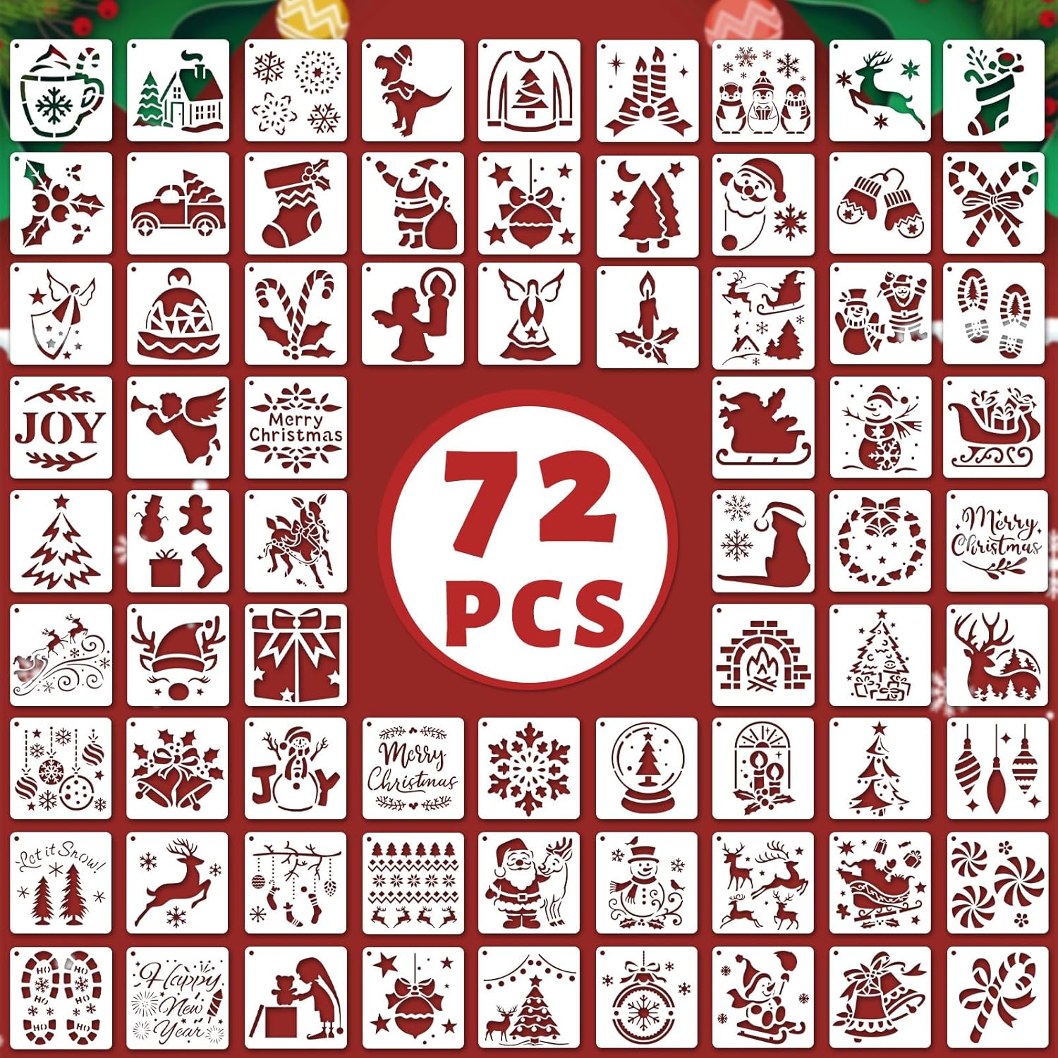 Skiennix 72 PCS Christmas Stencils - Reusable Holiday Painting Templates for Wood, Glass & Fabric Decor