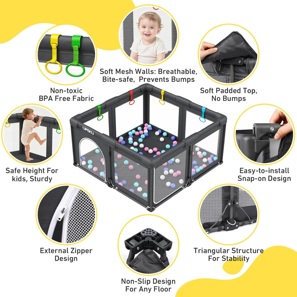 Skiennix Foldable Baby Playpen - Large Portable Play Yard for Toddlers | Indoor/Outdoor Use, 50"X50", Dark Grey