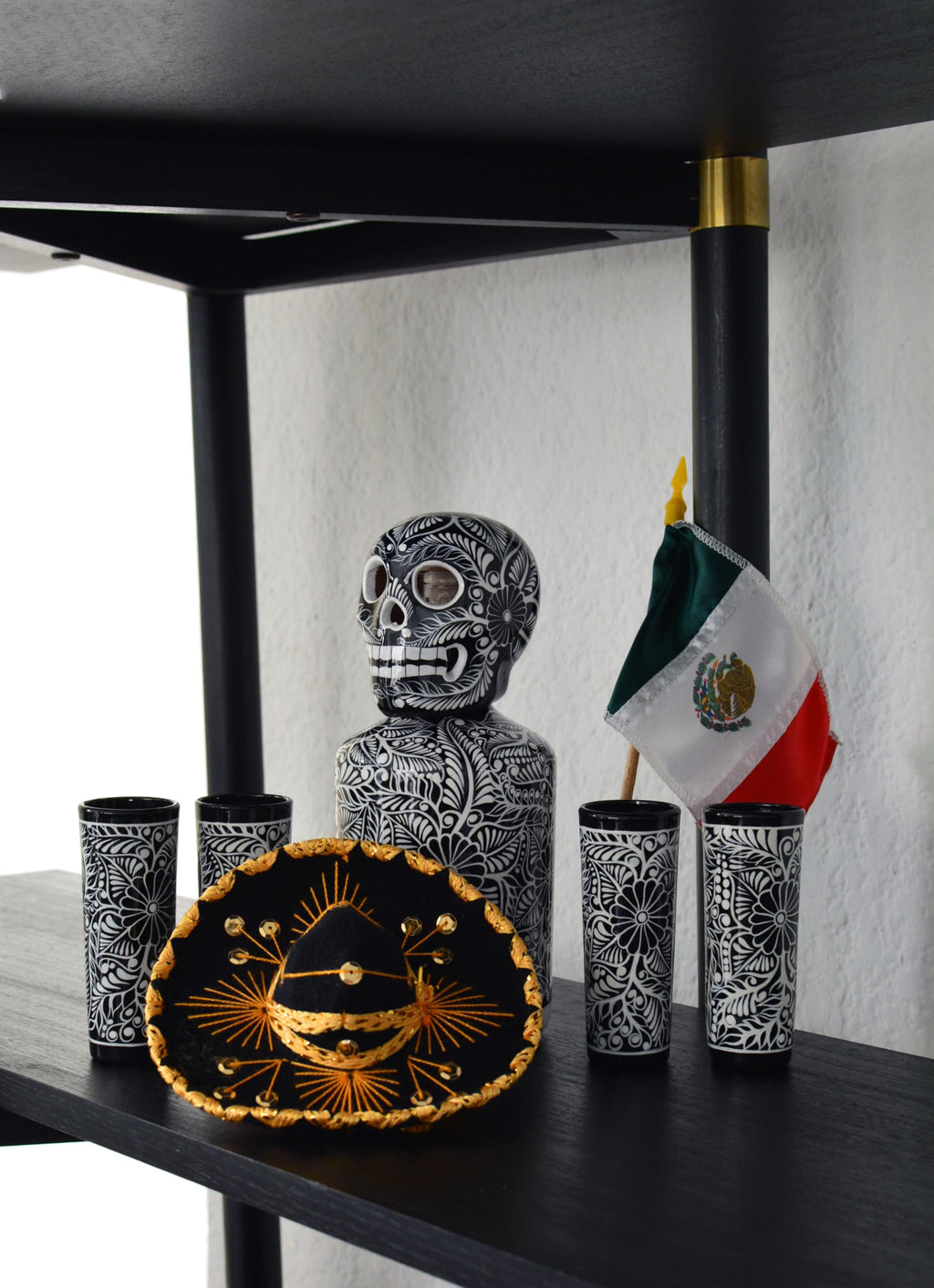 Tequila Decanter Set, Liquor Decanter with Shot Glasses and Mexican Sombrero, Hand-painted Decanter, Skull Decanter, Bar Decoration, Unique Tequila Gift, Gift For Dad, (Black Decanter Set)