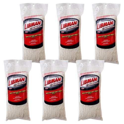 Libman Commercial 975 24 Cut-End Wet Mop Head, Recycled Cotton Blend, 20 oz., White (Pack of 6)