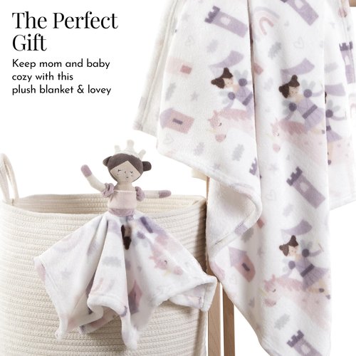Evolur Princess Print 2 Piece Gift Set, Includes Blanket with Lovey, Warm and Cozy Baby Blanket, Machine Washable Nursery Bed Blanket, Soft and Charming Lovey