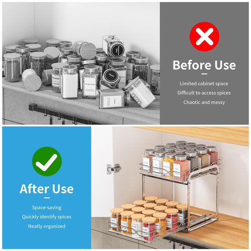 BOIVSHI Pull Out Spice Rack, 2 Tier Spice Organization for Cabinet, Heavy Duty Spice Rack, 9-1/4 inch Wide - Spice Racks for Inside Cabinets, Kitchen, Pantry - Chrome, 9.25”W x 10.39”D x 9.76”H