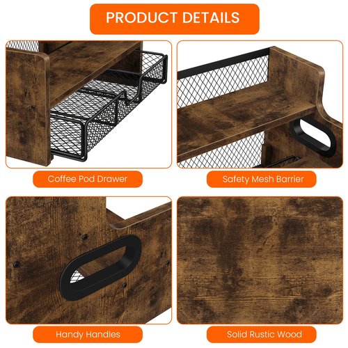 Homode Coffee Syrup Rack Organizer, 3-Tier 8 Bottles Syrup Holder Stand with 35 K Cup Storage Basket Drawer for Coffee Bar, Wood Liquor Shelf Wine Rack Countertop for Home, Rustic Brown