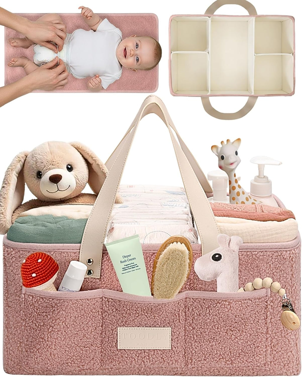 Skiennix Baby Diaper Caddy Organizer - Portable Changing Mat & Removable Dividers - Teddy Fleece Design