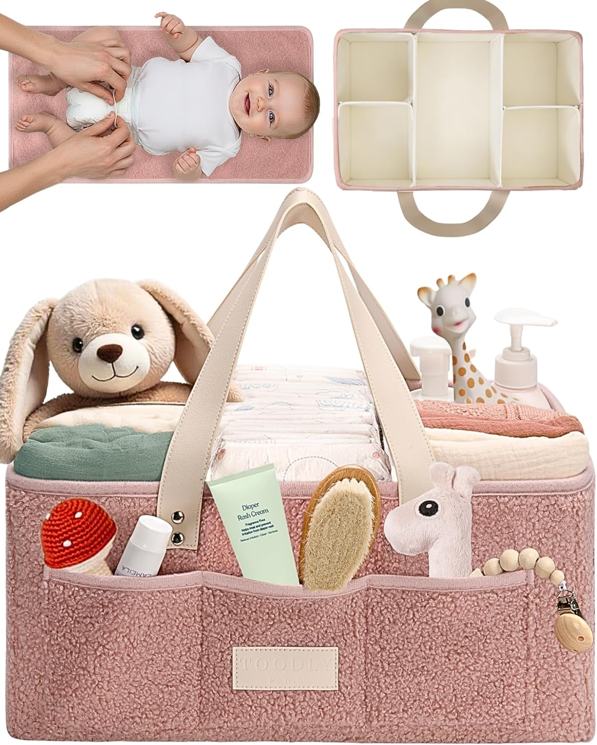 Skiennix Baby Diaper Caddy Organizer - Portable Changing Mat & Removable Dividers - Teddy Fleece Design