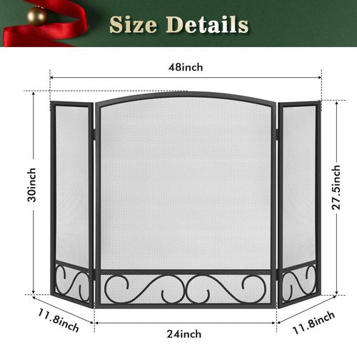 FEED GARDEN 3 Panel Fireplace Screen Wrought Iron 48" W x 29" H Foldable Heavy Duty Fire Spark Guard Cover with Metal Decorative Mesh for Living Room, Home Decor Indoor, Black