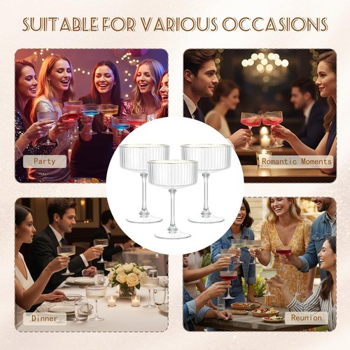 SDBALLBZ Plastic Martini Glasses, Detachable Coupe Glasses, Ribbed Vintage Cocktail Glass with Gold Rim, Unbreakable Reusable BPA-free Stemware for Wedding Anniversary (24pcs, Clear)