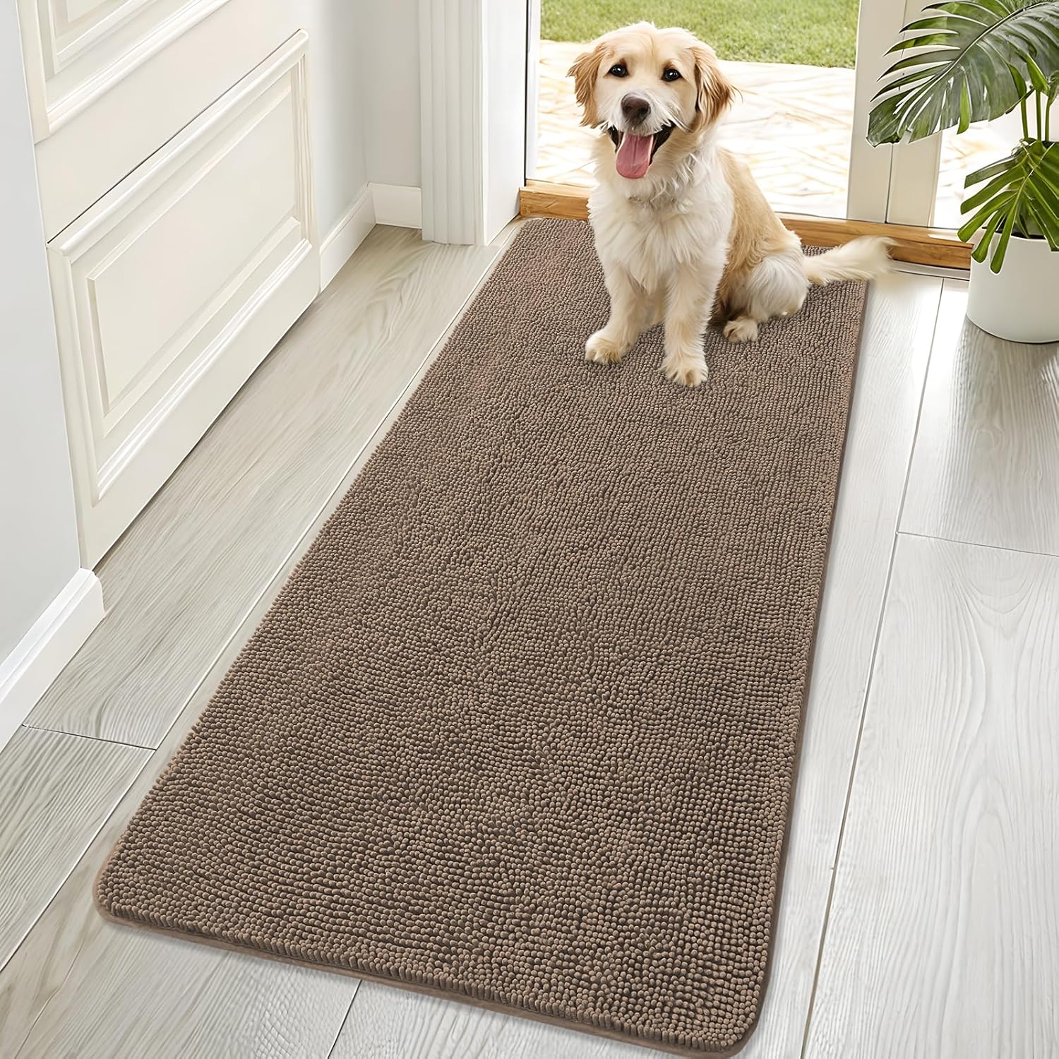 OLANLY Dog Door Mat - Absorbent Non-Slip Washable Chenille Mat for Muddy Paws | 70x32 Tan