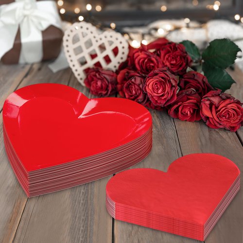Valentine's Day Party Decorations, Disposable 9" Paper Plates and 3 Ply Napkins Heart Shaped Love for Wedding Engagement Valentine's Day, Bridal Shower, Mother's Day, Birthday Party, 50 Count / Red