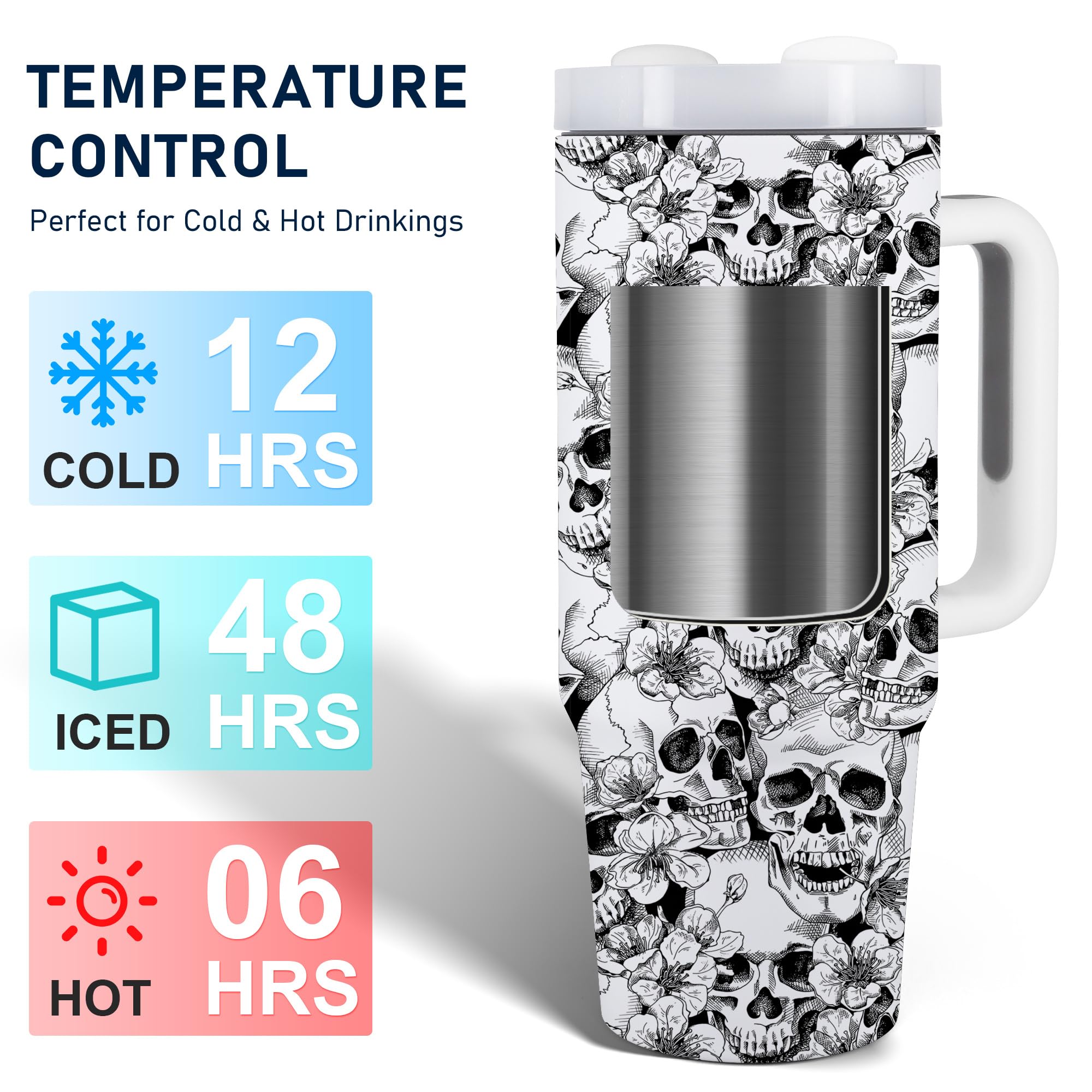 Equoza Flower Skull Halloween 30oz Tumbler with Handle Gift for Her Travel Mug Double Wall Vacuun Insulated Cup with Lid and Straw (Pack of 1)