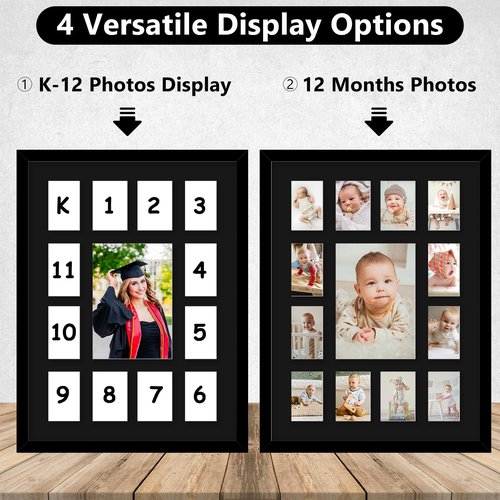 HEYTUYA 12x16 School Years Picture Frame K-12, Display One 5x7 Photo and Twelve 2.5x3.5 Pictures, Graduation Photo Collage Black Frame with Mat and Plexiglass for Wall hanging, Black Mat, Black