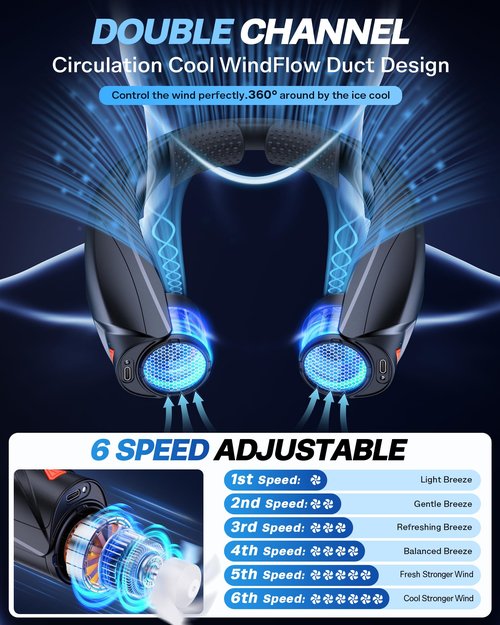 Laimiod Neck Fan - Portable Neck Fan with LED Book Light, 6-20h Long Battery Life, 6 Speeds Adjustable, USB-C Rechargeable, Hands-Free Wearable Fan, Cooling Personal Fan Gifts for Men Women Dad Mom