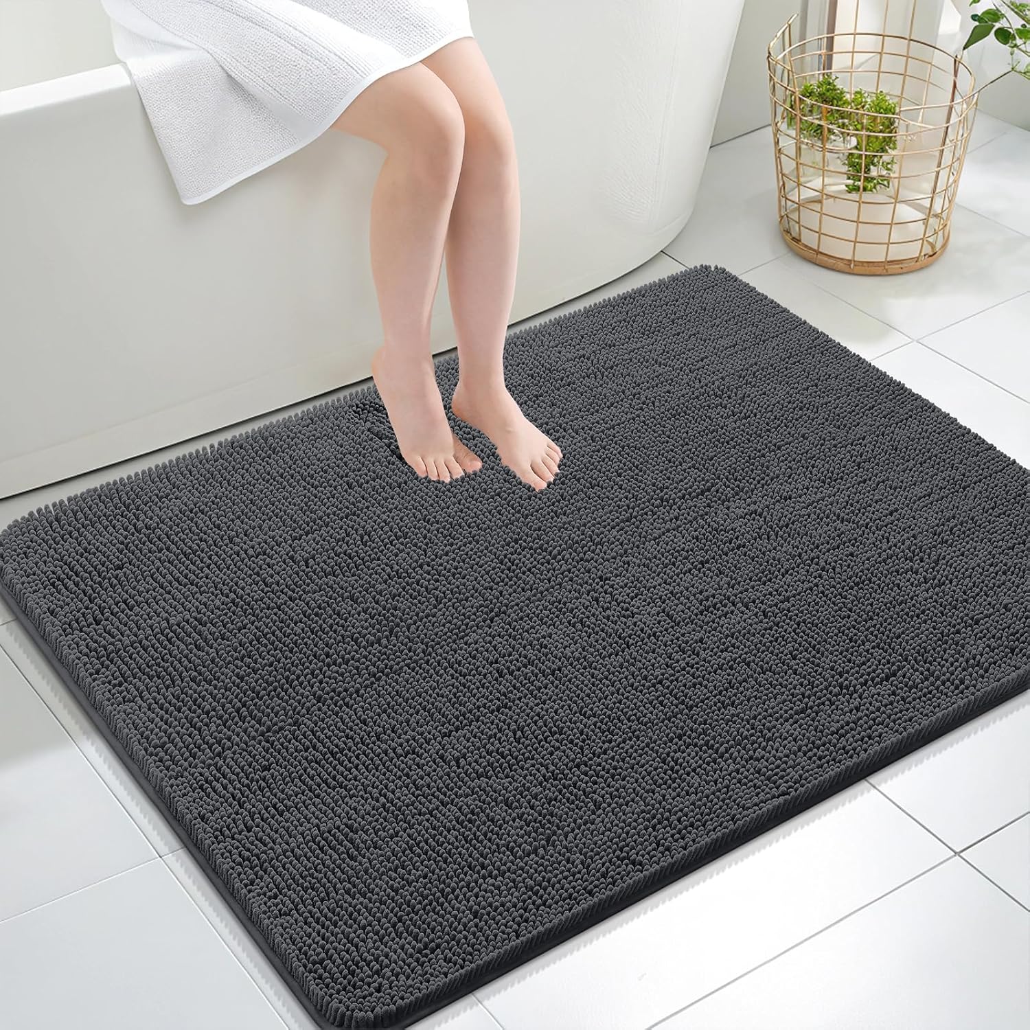 OLANLY Large Bathroom Rugs - Extra Soft Chenille Bath Mats with Rubber Backing | 40x32, Dark Grey