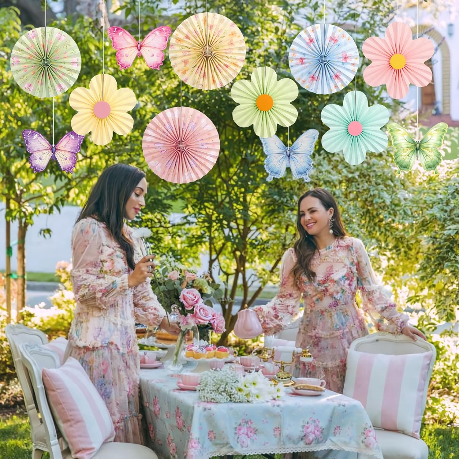 Skiennix Pastel Butterfly Garden Paper Fan - Floral Wall Decorations for Parties & Events