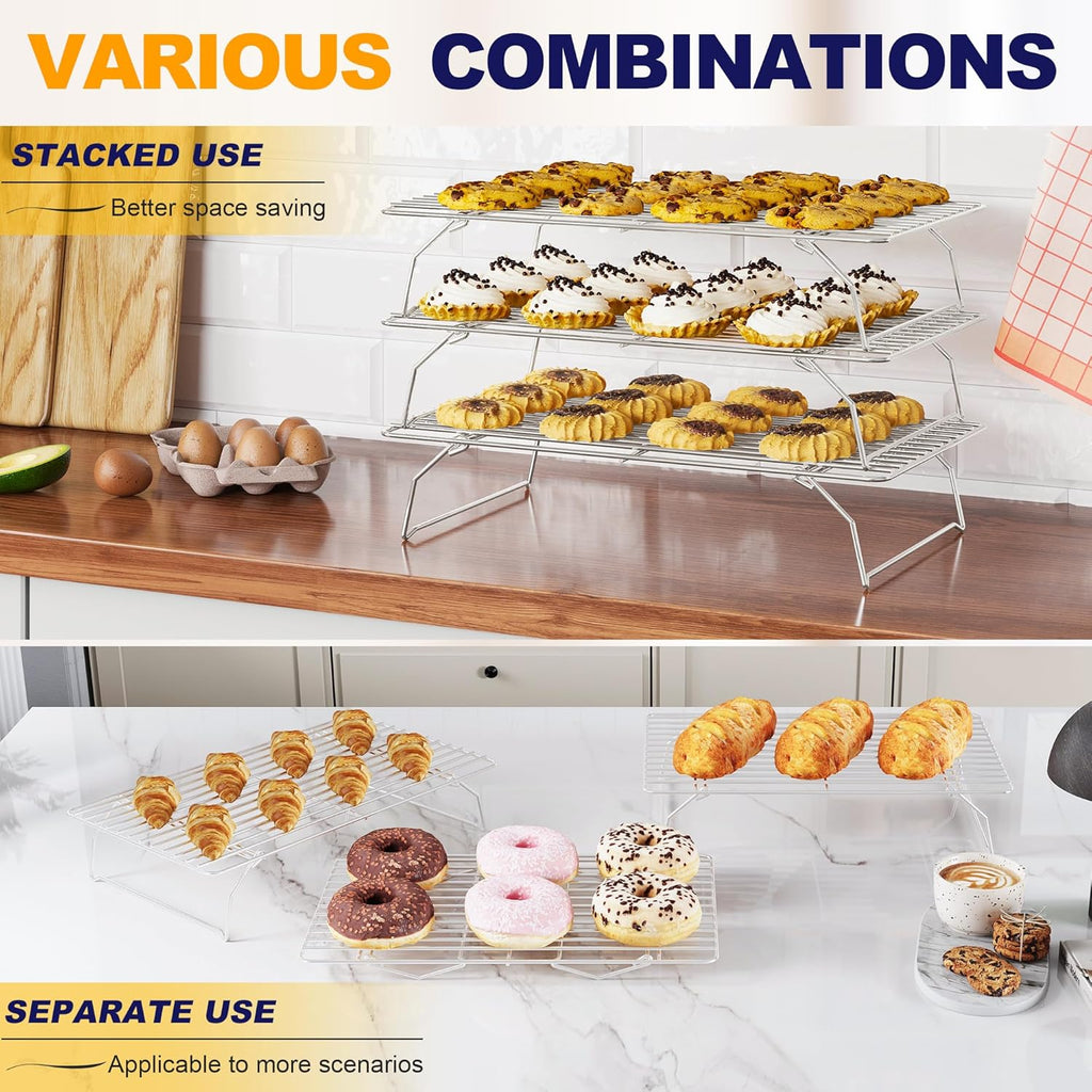 Skiennix 3-Tier Stackable Cooling Rack - Heavy Duty Baking Rack for Cookies, Pizza, Cakes | 15.8” x 10” - Oven & Dishwasher Safe - Silver
