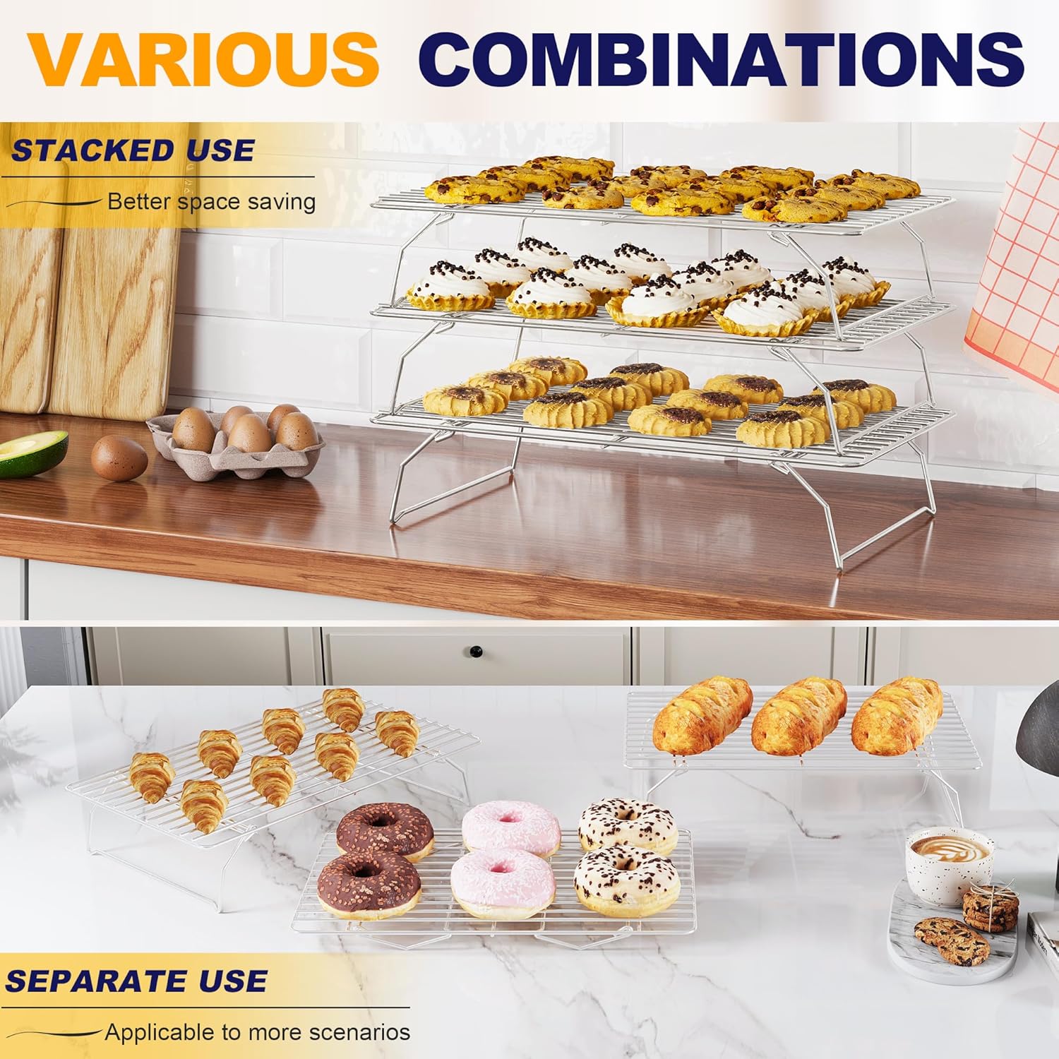 Skiennix 3-Tier Stackable Cooling Rack - Heavy Duty Baking Rack for Cookies, Pizza, Cakes | 15.8” x 10” - Oven & Dishwasher Safe - Silver