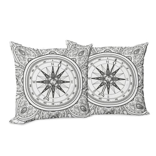 Ambesonne Compass Decorative Throw Pillow Case Pack of 2, Hand Drawn Windrose in Line Art Style Nautical Illustration Coloring Book Design, Couch Bedroom Living Room Cushion Cover, 18", White Black