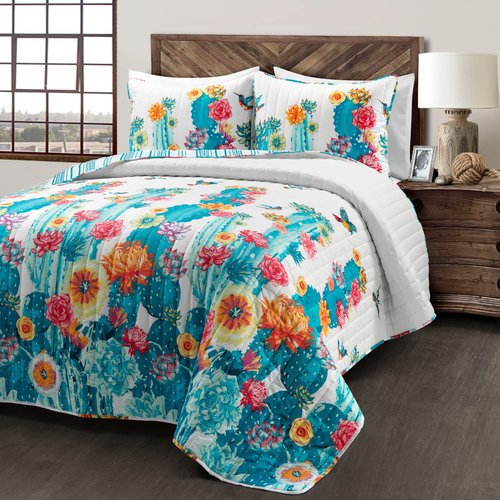 Lush Decor Southwest Vibrant Cactus Reversible Oversized 3 Piece Quilt Set, King/Cal King, Turquoise & Orange