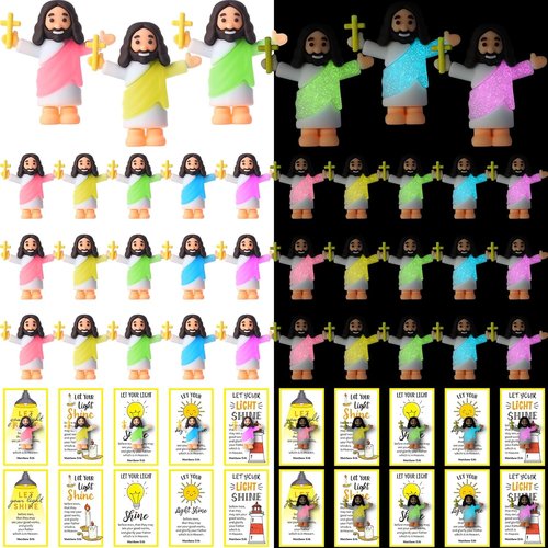 CroBlissful Mini Jesus Figurines - 30 Sets Glow in The Dark with "Let Your Light Shine" Cards | Perfect for Sunday School Party Favors
