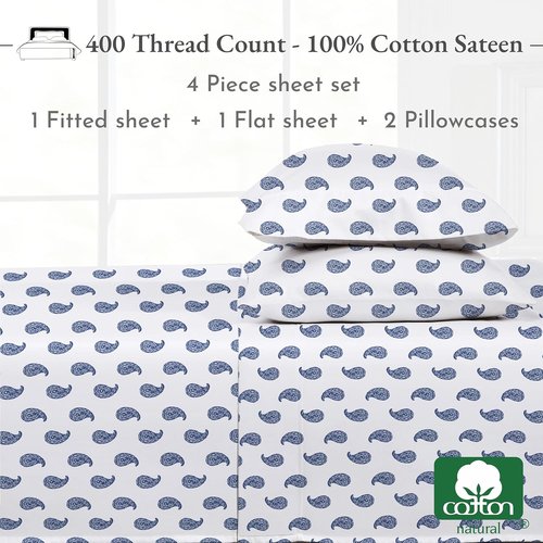 California Design Den Full Size Bed Sheets Set - 400 Thread Count Sateen, 100% Cotton, Deep Pocket - Paisley Blue