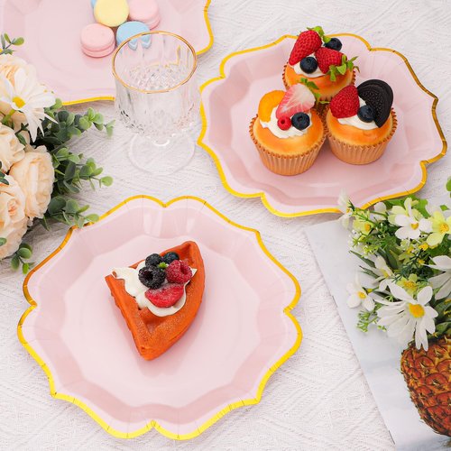 Growswally 50 Pieces Light Pink Paper Plates with Gold Foil 7 Inch Pink Scalloped Plates Disposable Dinner Plates for Birthday Weddings Baby Shower