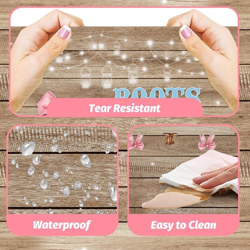 MEHOFOND 3 Pack Boots or Bows Gender Reveal Tablecloth, Pink or Blue Disposable Plastic Table Cover 54x108 Inch, Western Rustic Wood Cowgirl Cowboy Gender Reveal Party Supplies
