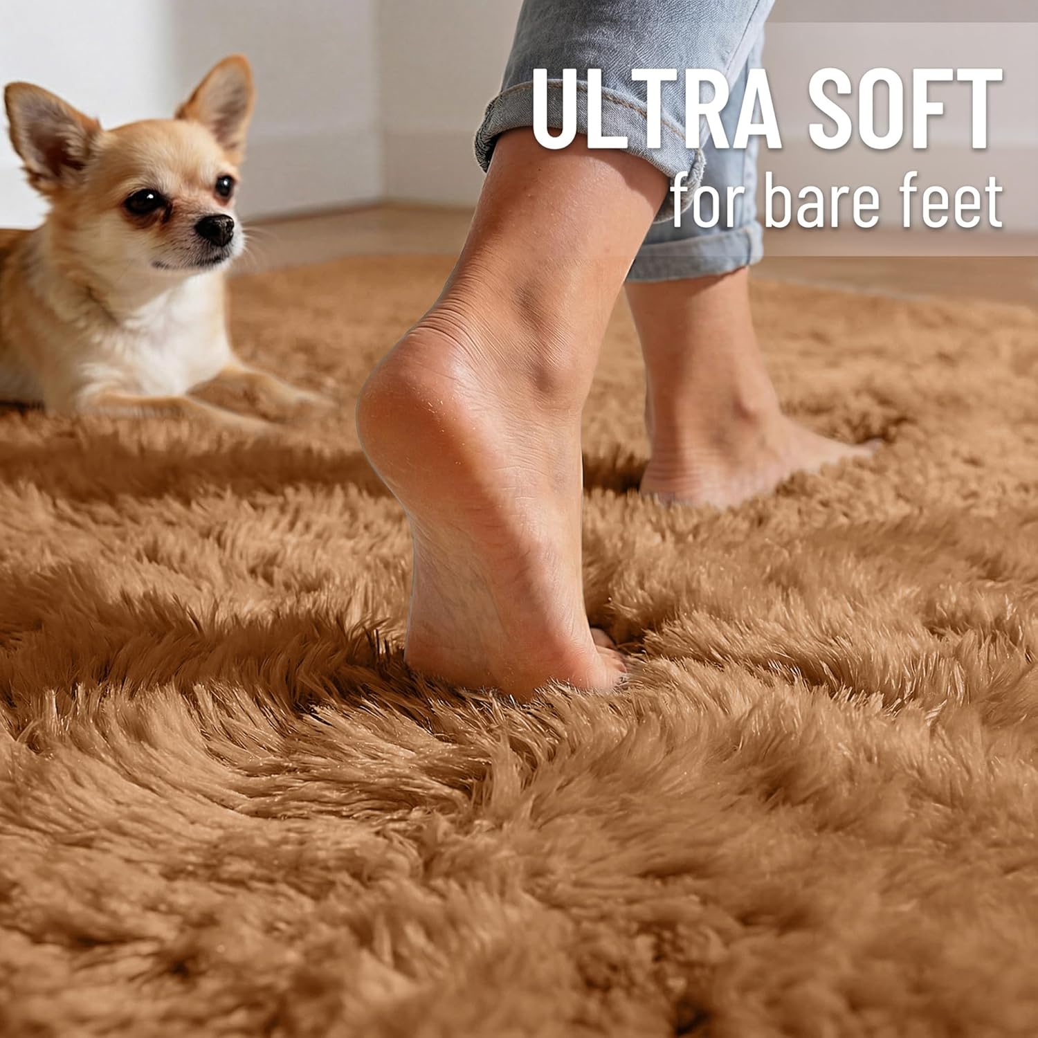OLANLY Area Rugs - Soft Fluffy Shaggy Indoor Carpet for Living Room & Bedroom | 4x5.9 ft Khaki