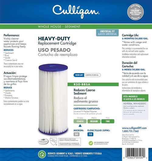 Culligan R50-BBSA Whole House Water Filter Cartridge - Premium 50 Micron, 10”x4.5”, Long Lasting Compatibility