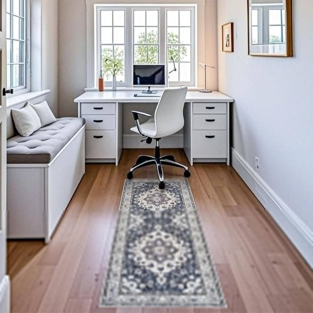 Hallway Runner Rug - Vintage Low Pile Blue Accent Carpet | Washable, Stain Resistant, Non-Slip (2x6)