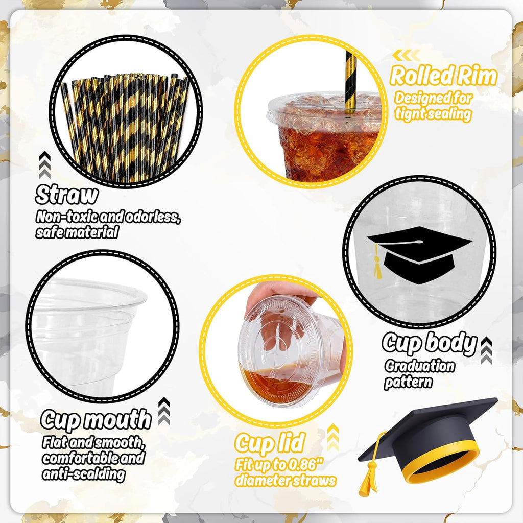 Whaline 50Pcs 12Oz Graduation Cups - Black Plastic Cups with Lids & Straws for Party Supplies