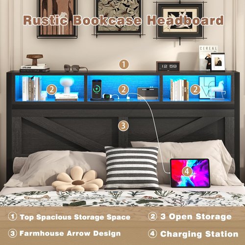 Incyneva Full Bed Frame - Farmhouse Style with Bookcase Storage, Charging Station & LED Light - Black