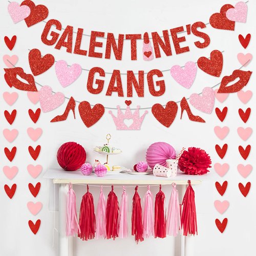 4Pcs Pre-Strung Galentine's Gang Banner, Heart Shaped Banners, Red, 0.2" x 0.2", Indoor, Wall Mount, Standard Banner, Galentine's Day, Home, Room Decorations