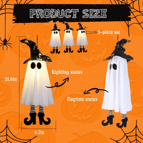 Halloween Decorations Outdoor,Set of 3 Halloween Hanging Spirits with Cone Caps, Swaying Glow Decor Lights for Yard Patio Lawn Garden Party Porch Decor