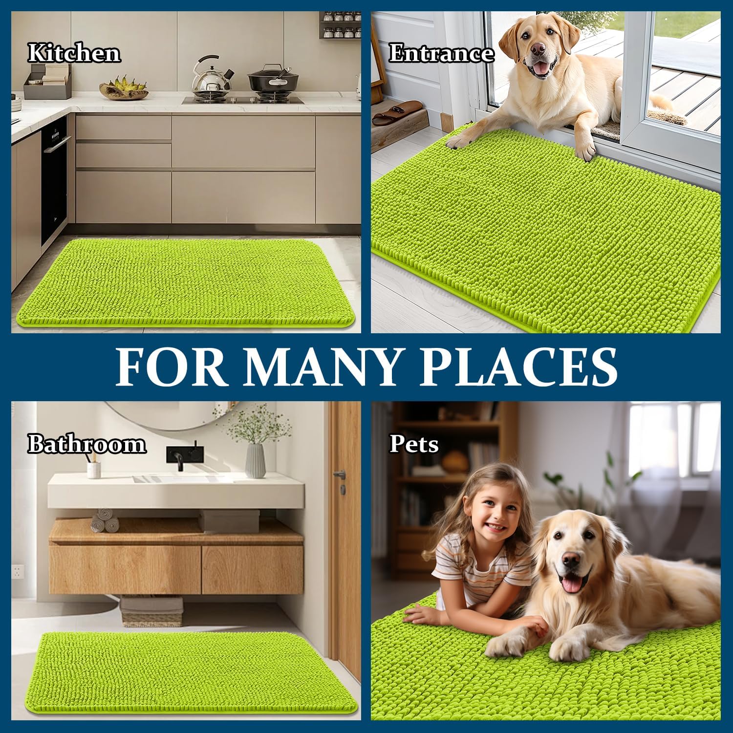 OLANLY Dog Door Mat - Absorbent Non-Slip Washable Doormat for Muddy Paws | 36x24 Bright Green