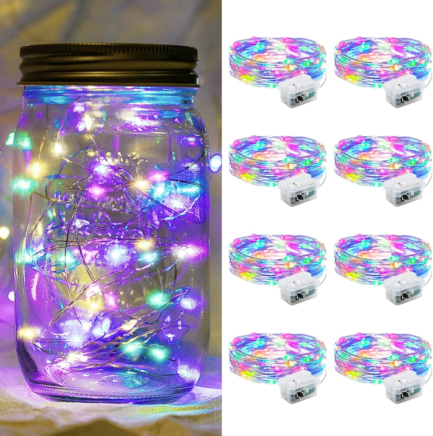 Skiennix 8 Pack Fairy Lights - 7Ft 20 LED Twinkle String Lights | Battery Operated & Waterproof for Parties, Weddings, and Decor - Rainbow Pastel