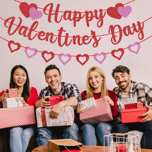 GULWAT Glitter Happy Valentines Day Banner, Glitter Red Pink Hanging Paper Heart Banner for Valentines Party Decorations Home School Classroom Office Hanging Wedding Anniversary Party Decor