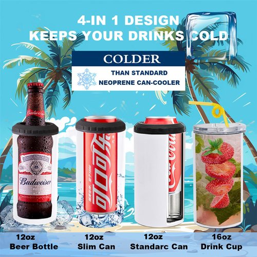ZREGGUR 4 Pack 4 in 1 Can Cooler 16 oz Sublimation Blank Tumbler with Metal Straw,Straw Brush,Shrink Wrap, Non-Slip Coaster, Lid, Individually Boxed Standard Beer Cans,Canning Cans