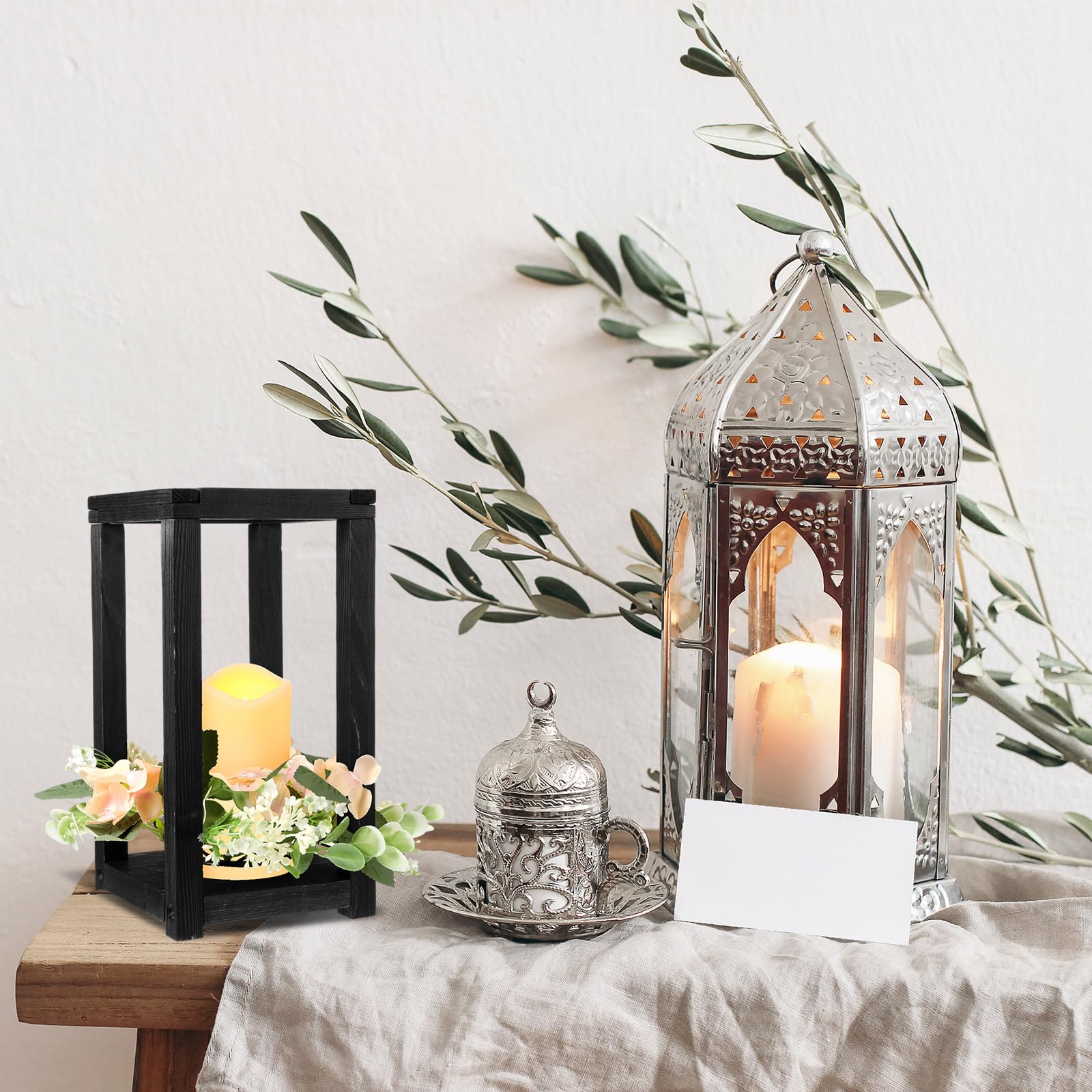 Hushee 30 Pcs Wooden Wedding Lantern Centerpiece Integrated Holders with Candles and Wreaths Rustic Wooden Candle Lantern Decor for Wedding Party Table Valentine Decor (Black)