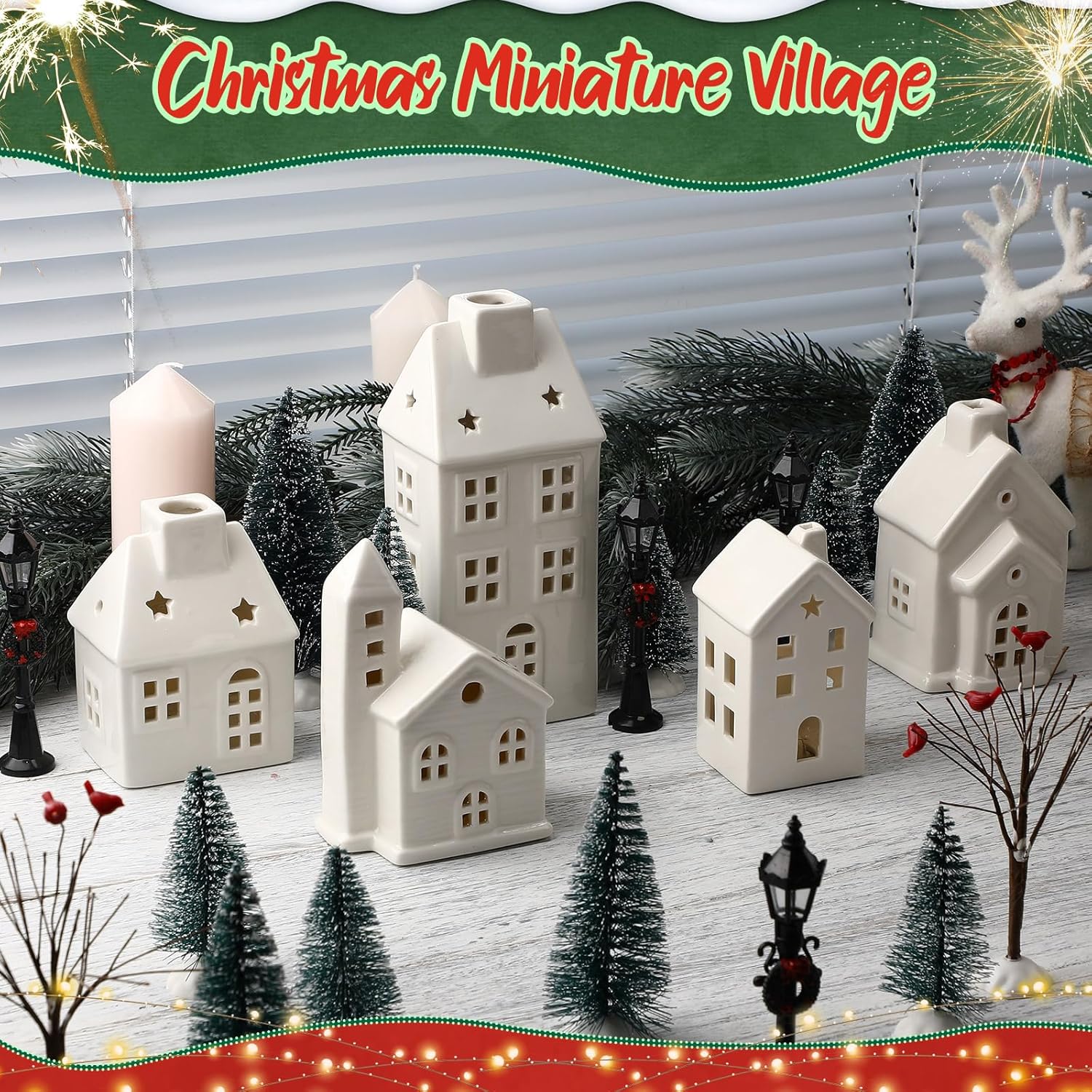 WinnerWhy Christmas Village House Set - 24 Pcs LED Lighted Mini Ceramic Ornaments for Festive Decor