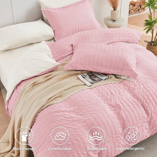 HYMOKEGE Full Size Comforter Set - Luxurious 7-Piece Seersucker Bedding in Pink/Ivory for All Seasons