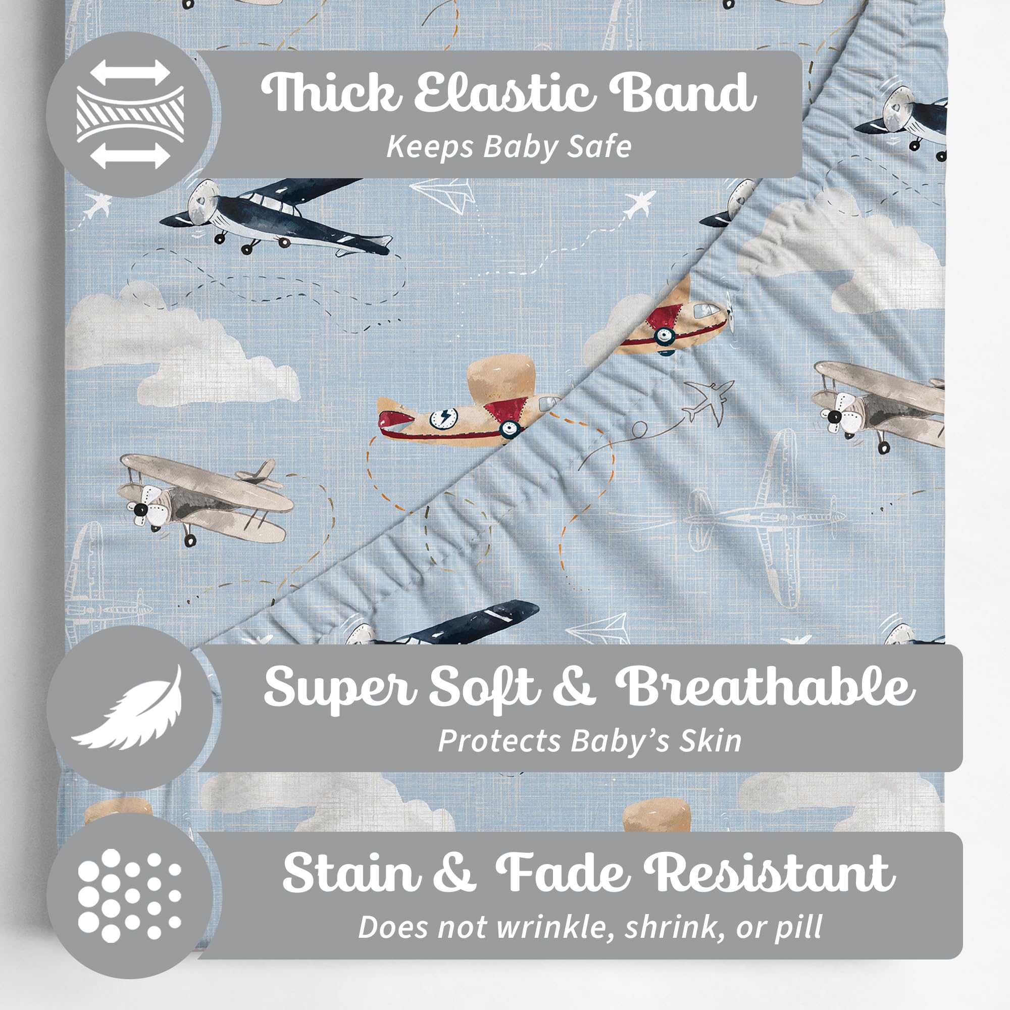 Pack and Play Sheets Fitted, Mini Crib Sheets for Graco Pack N Play Playard (38x26), Ultra Soft Cotton Blend, Safe & Snug Playpen Mattress Sheet for Baby Boys Girls, Airplane in The Clouds, 2-Pack
