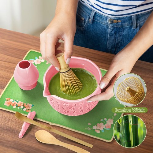 Matcha Whisk Set, 7 Pcs Matcha Making Kit with Matcha Bowl, Matcha Whisk and Holder, Bamboo Scoop, Scoop Rest, Sifter and Tea Towel，Gifts for Christmas Birthday