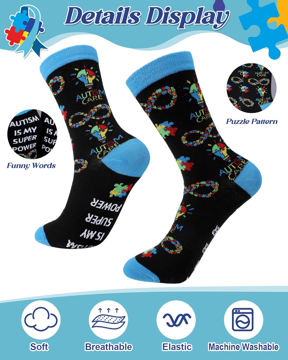 Skiennix Autism Awareness Socks - 12 Pairs Colorful Graphic Design for Men & Women | Perfect Gift Idea