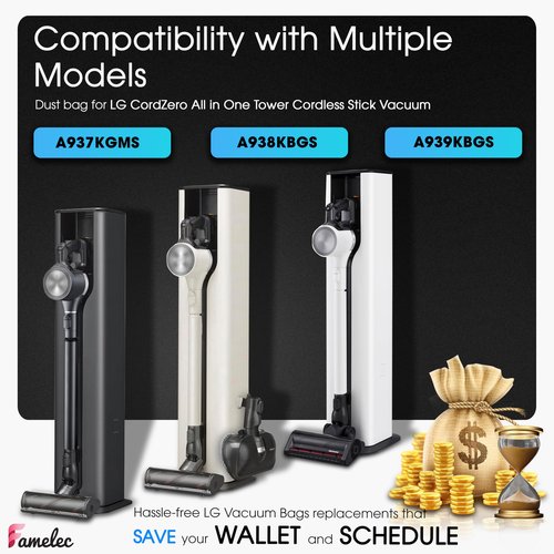 FAMELEC 10 Pack for LG Vacuum Bags, Compatible with LG CordZero All in One Tower Vacuum A939KBGS A938KBGS A937KGMS, High-Efficiency Replacement Vacuum Cleaner Bags
