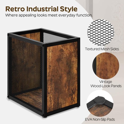 YATINEY Office Trash Can, 4 Gallon Garbage Can, Metal Wastebasket with Wood-Look Panels, Industrial Style Trash Can for Office, Study, Rustic Brown and Black WB03BR