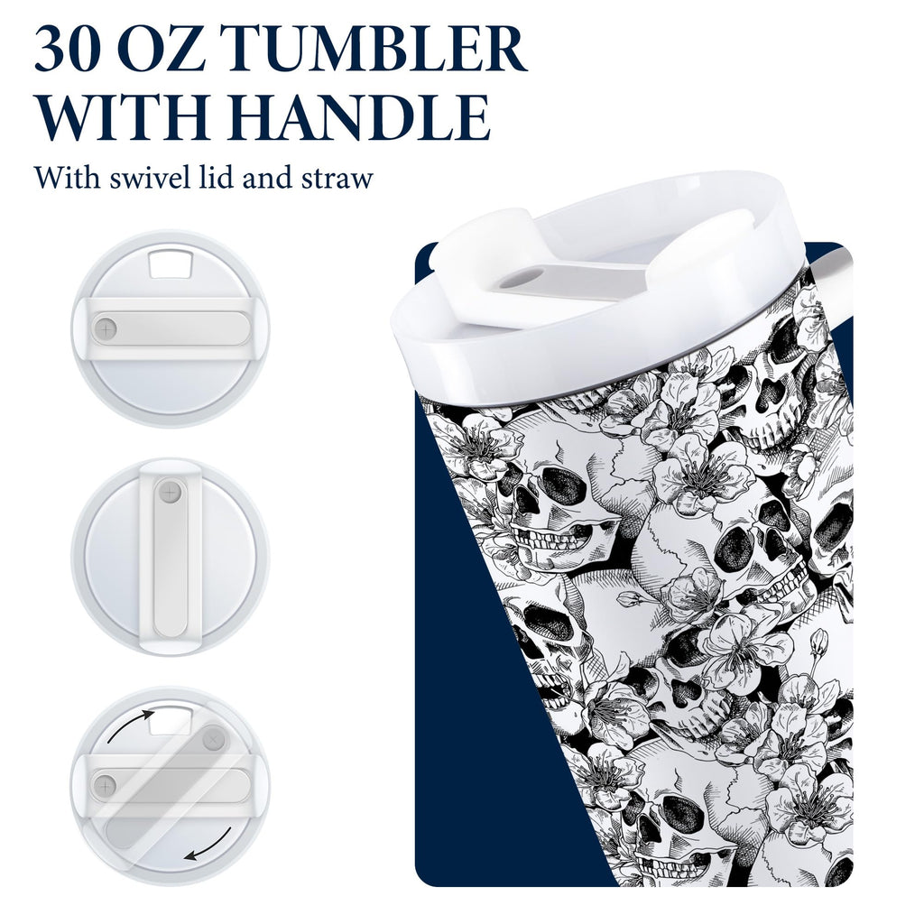Equoza Flower Skull Halloween 30oz Tumbler with Handle Gift for Her Travel Mug Double Wall Vacuun Insulated Cup with Lid and Straw (Pack of 1)