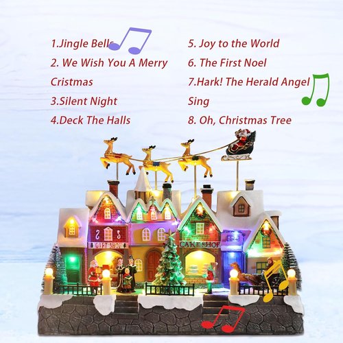 MUMTOP Christmas Village House - Light-Up Animated Town with Flying Reindeer & Santa Sleigh | Holiday Tabletop Decor
