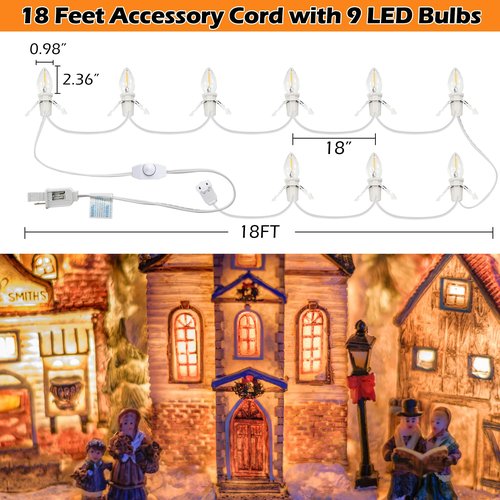 Meonum Christmas Village Lights Cord with 9 Bulbs, 18FT C7 LED Lamp with Dimmer & Female Plug, Blow Mold Light Cord for Christmas Houses Villages, Holiday Craft Decorations, Night Light(White)